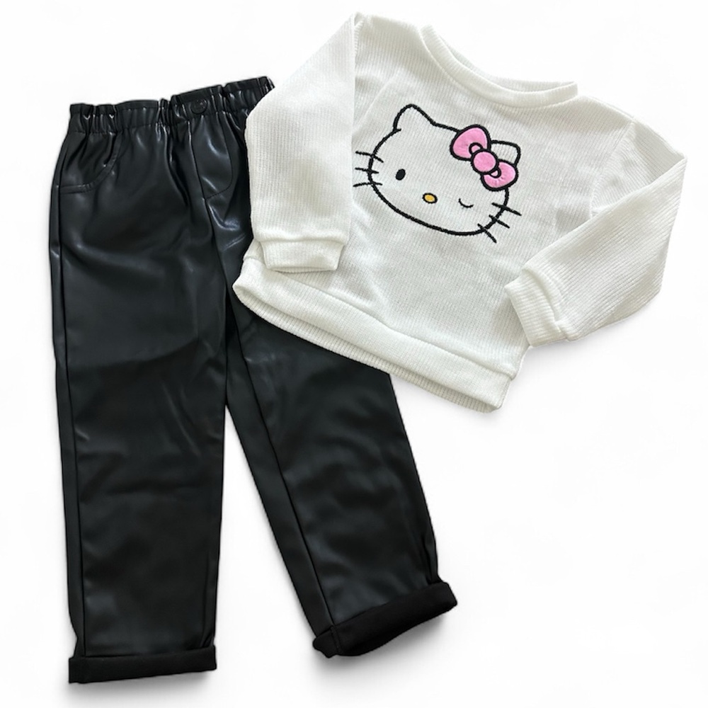 Hello Kitty White Sweater and Black Faux Leather Pants Set Girls Size 3T NWT